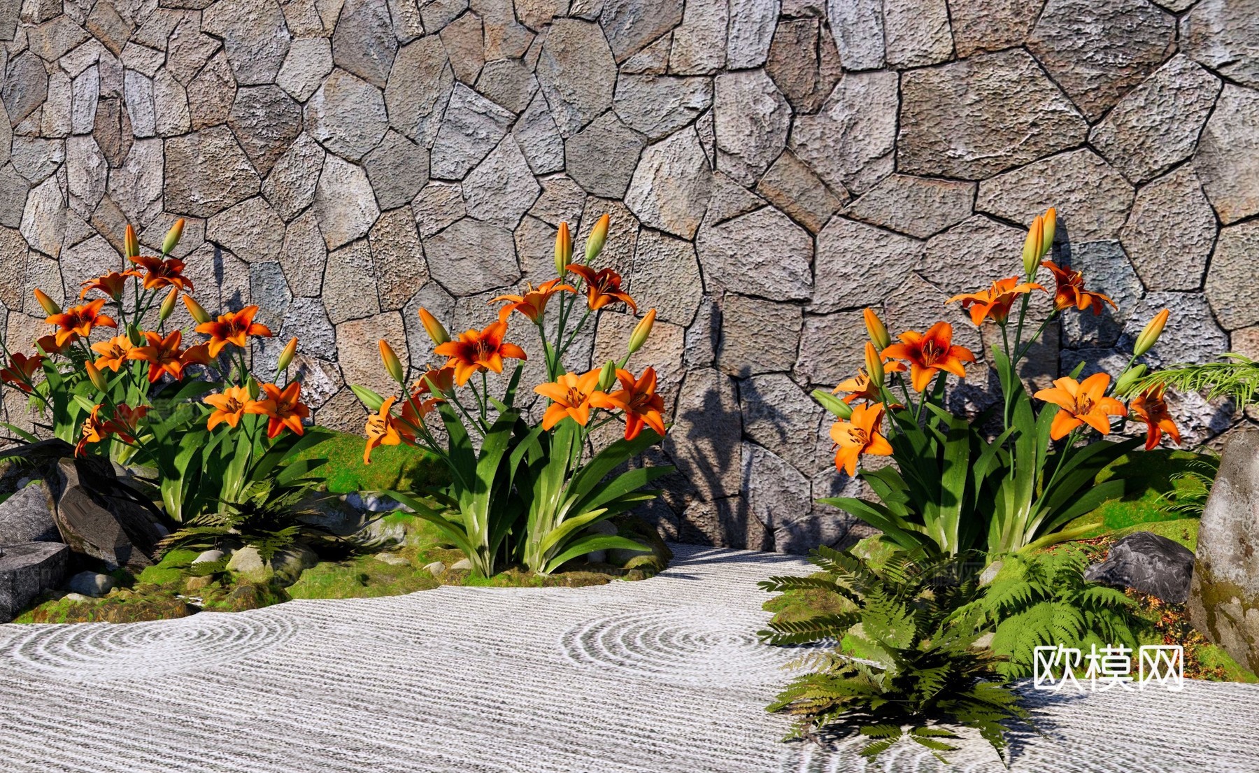 花草 庭院花园植物组合 橙色百合花 花园花境 花卉植物造景su模型