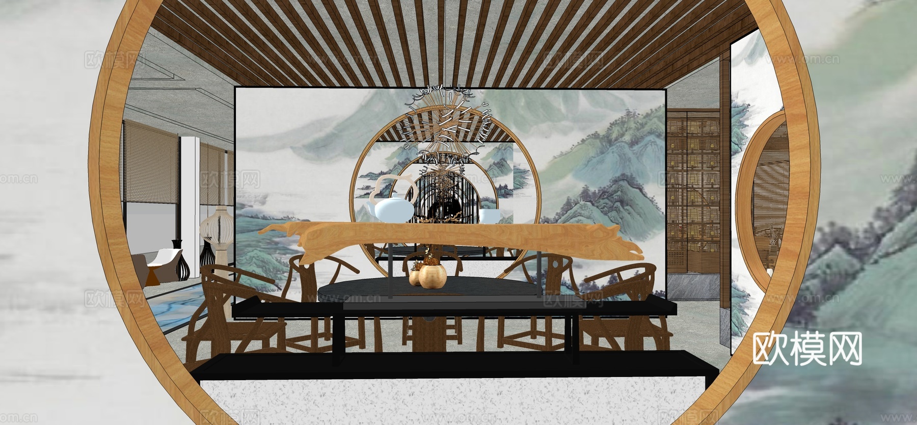 新中式山水禅意餐厅su模型下载