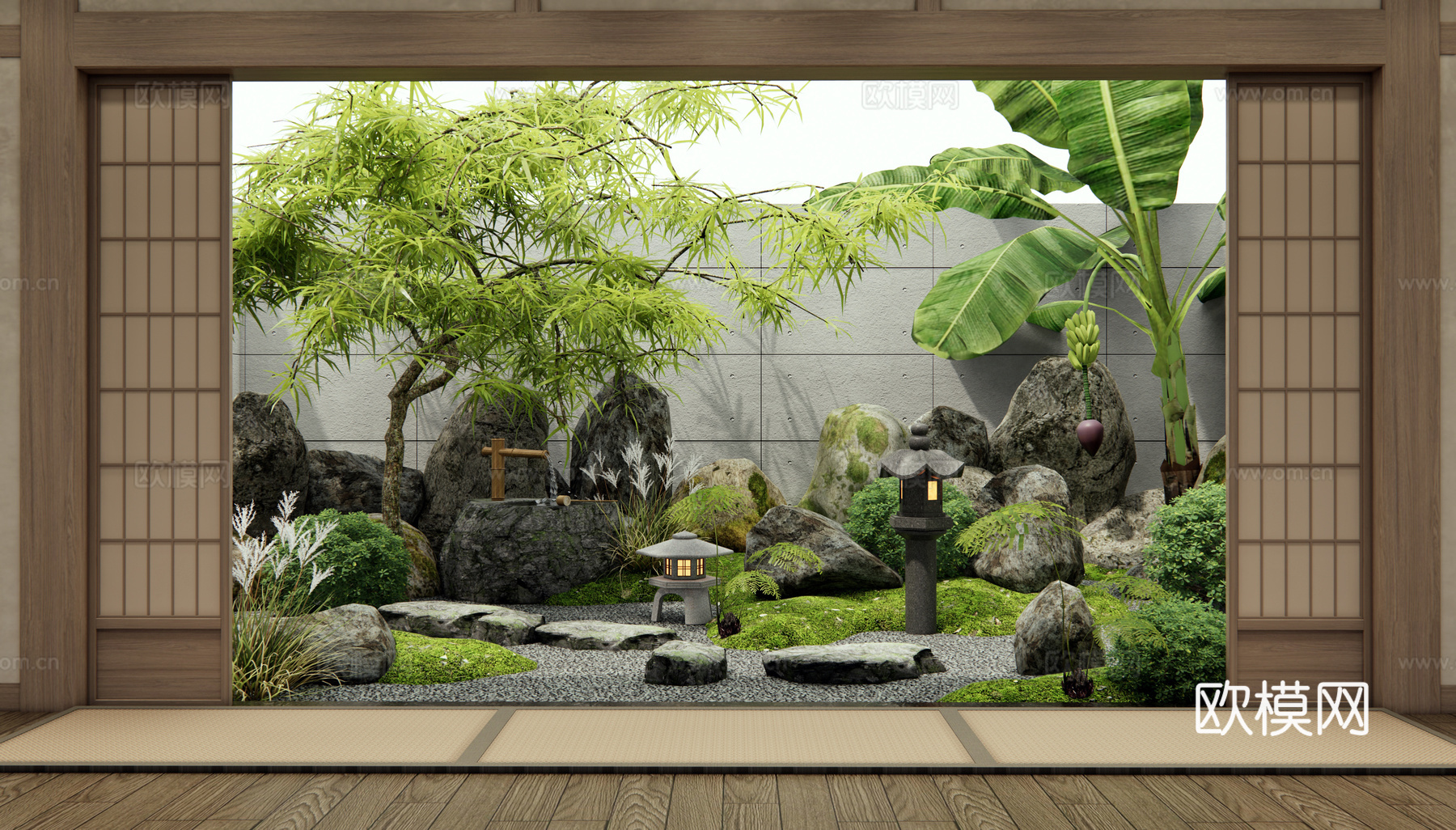 日式枯山水庭院景观 景观石头 汀步 微地形 水钵水景 芭蕉树3d模型