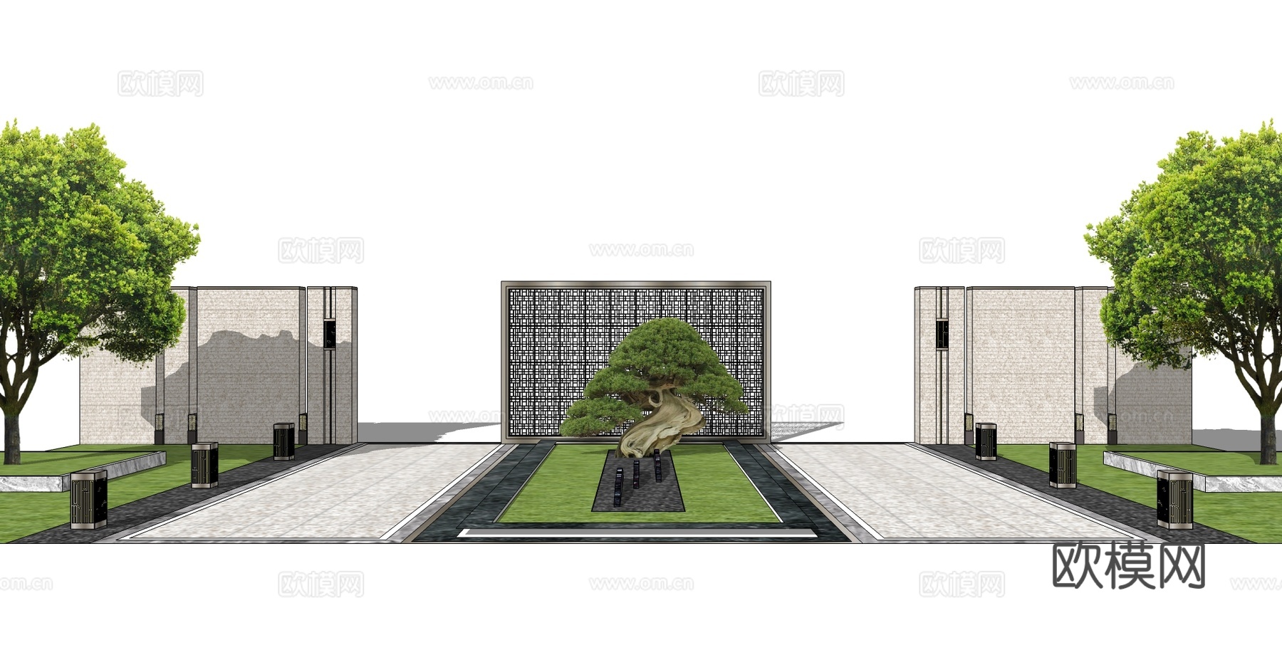新中式庭院景观墙su模型下载