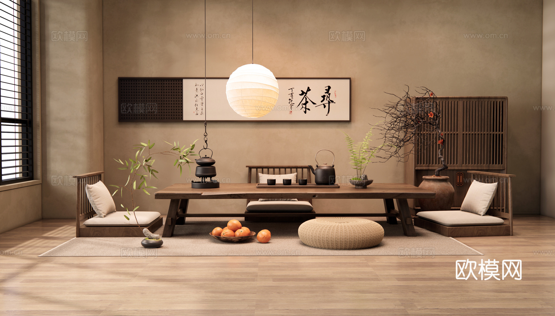 新中式茶室 榻榻米茶桌椅 茶台 茶柜 吊灯 干枝花艺 挂画3d模型