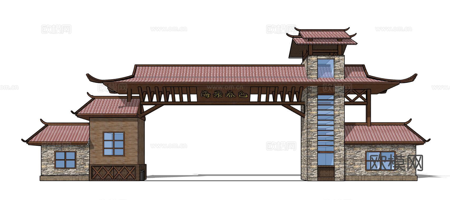 新中式大门门头su模型下载