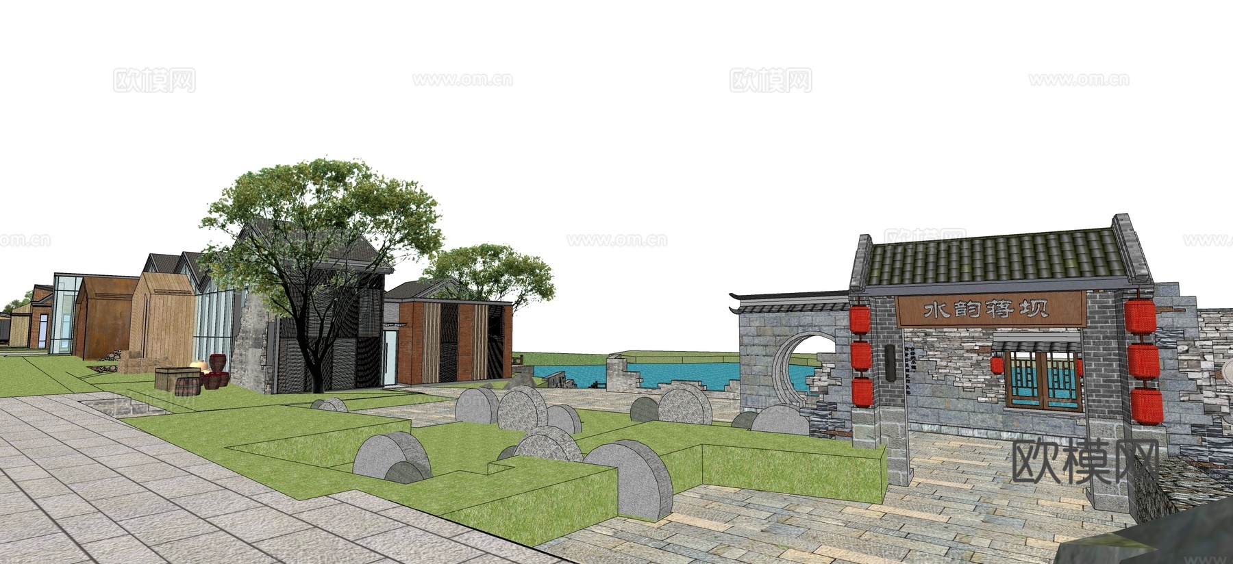 新中式度假村su模型下载