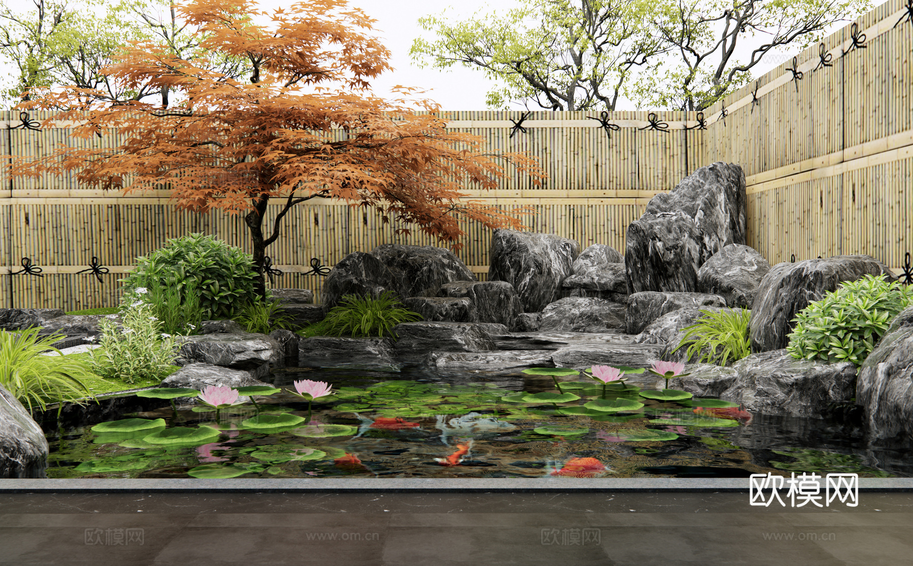 新中式假山水景 荷花 鱼池 石头 叠水景观 庭院小品 红枫su模型