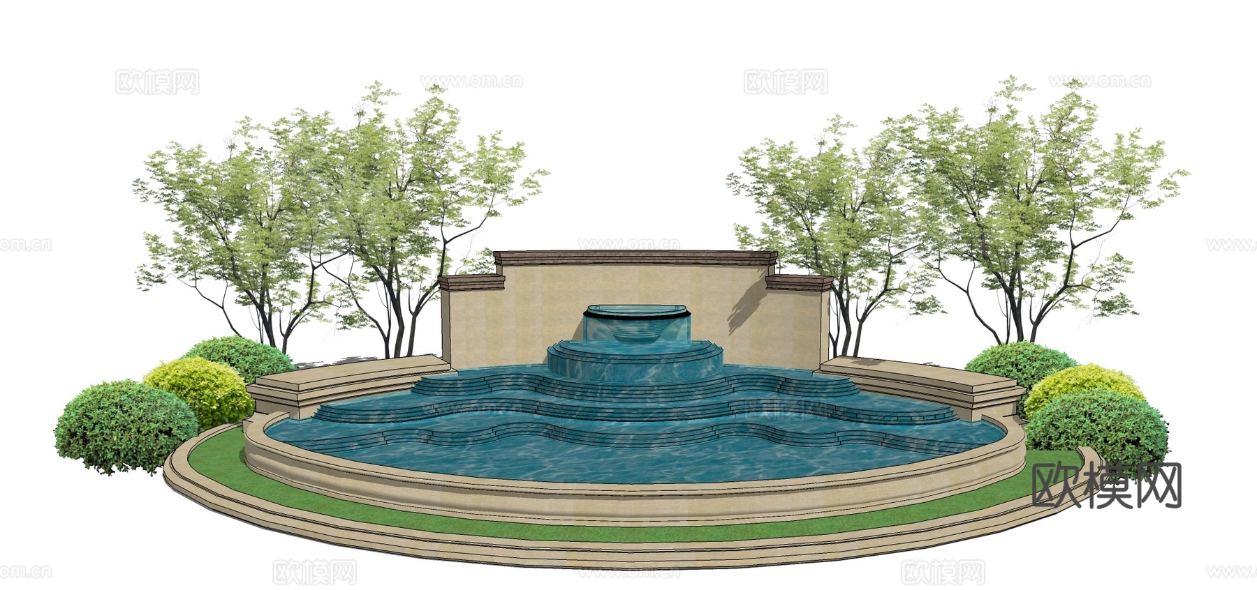 现代水池景观墙su模型下载
