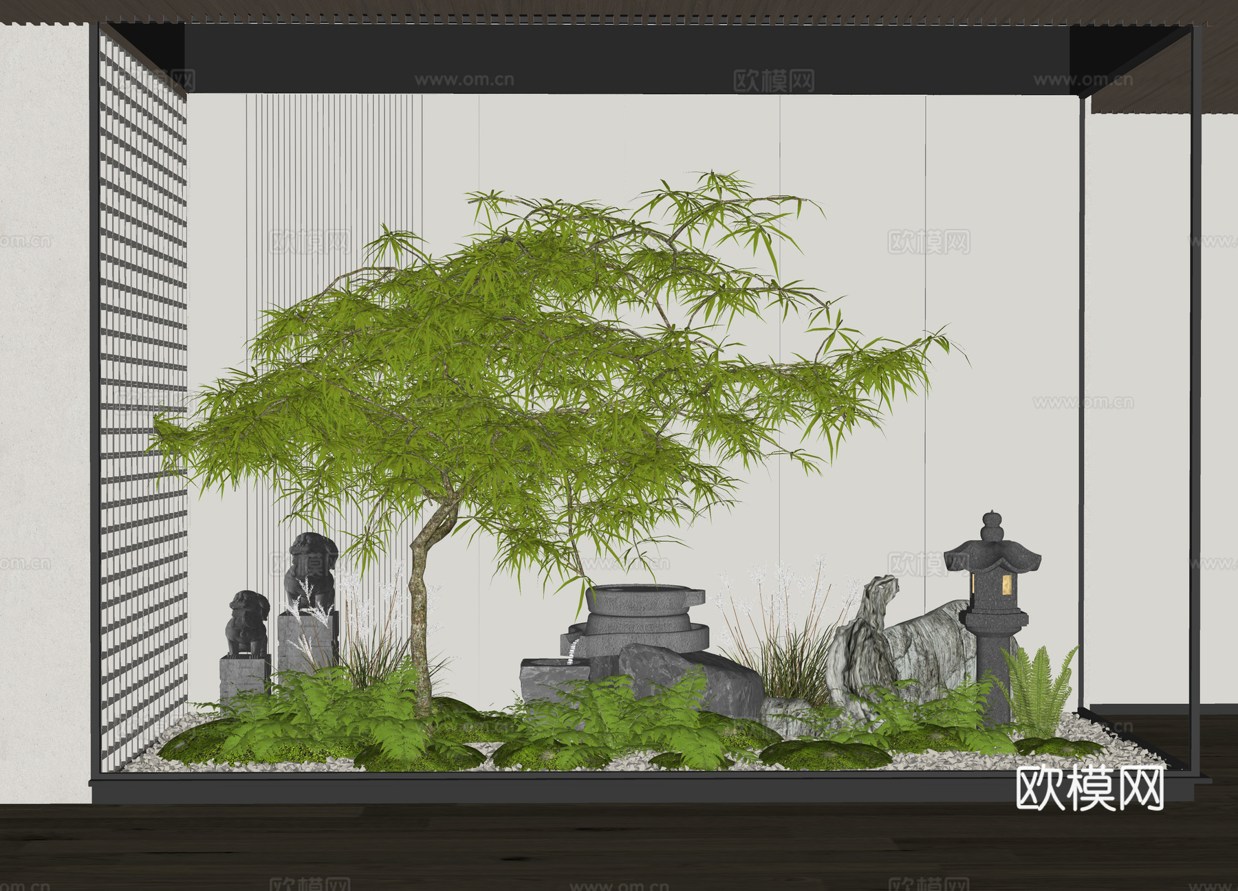 现代室内植物景观小品 庭院小品 羽毛枫 乔木 水钵跌水小品su模型