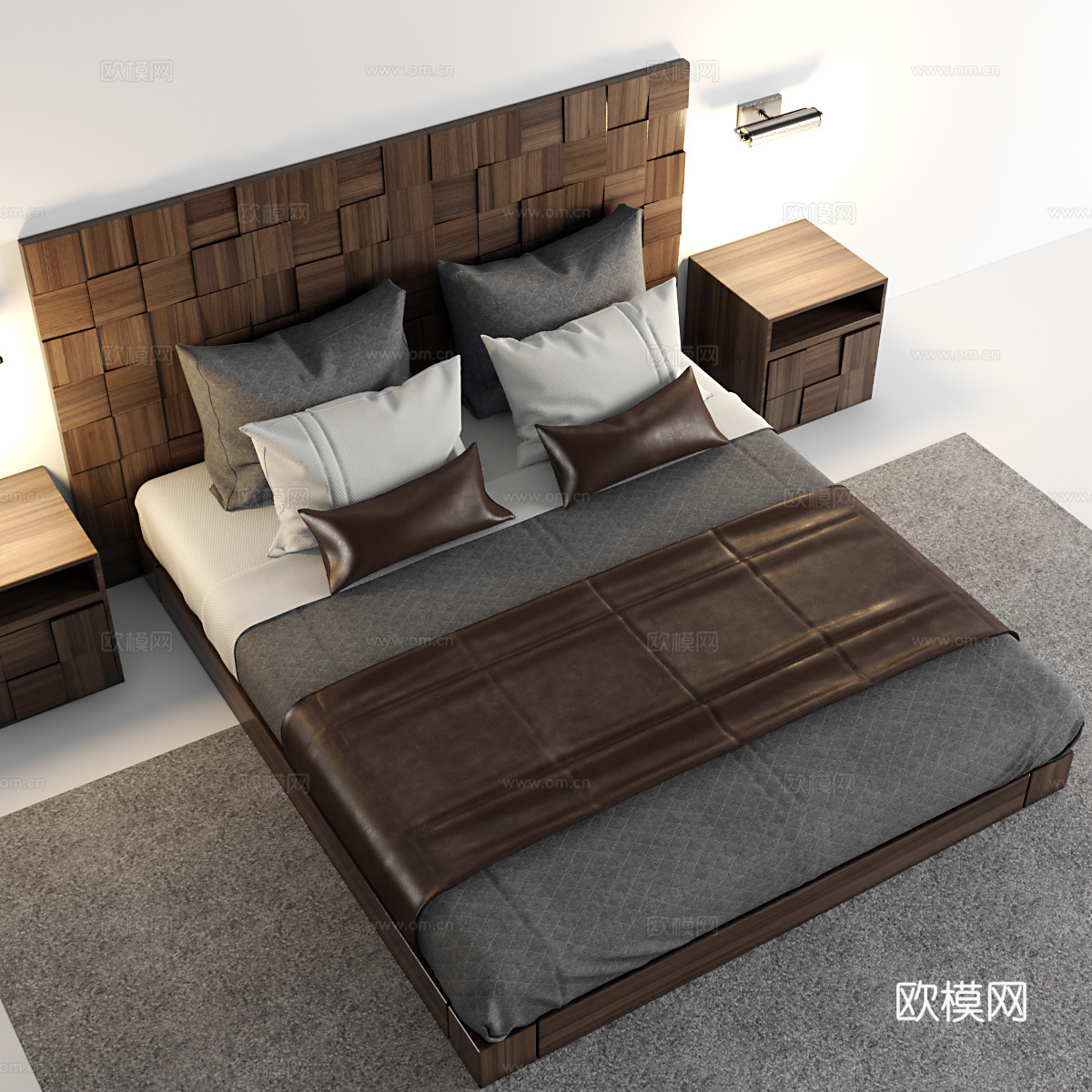 中古风双人床 布艺床 床头柜壁灯组合3d模型