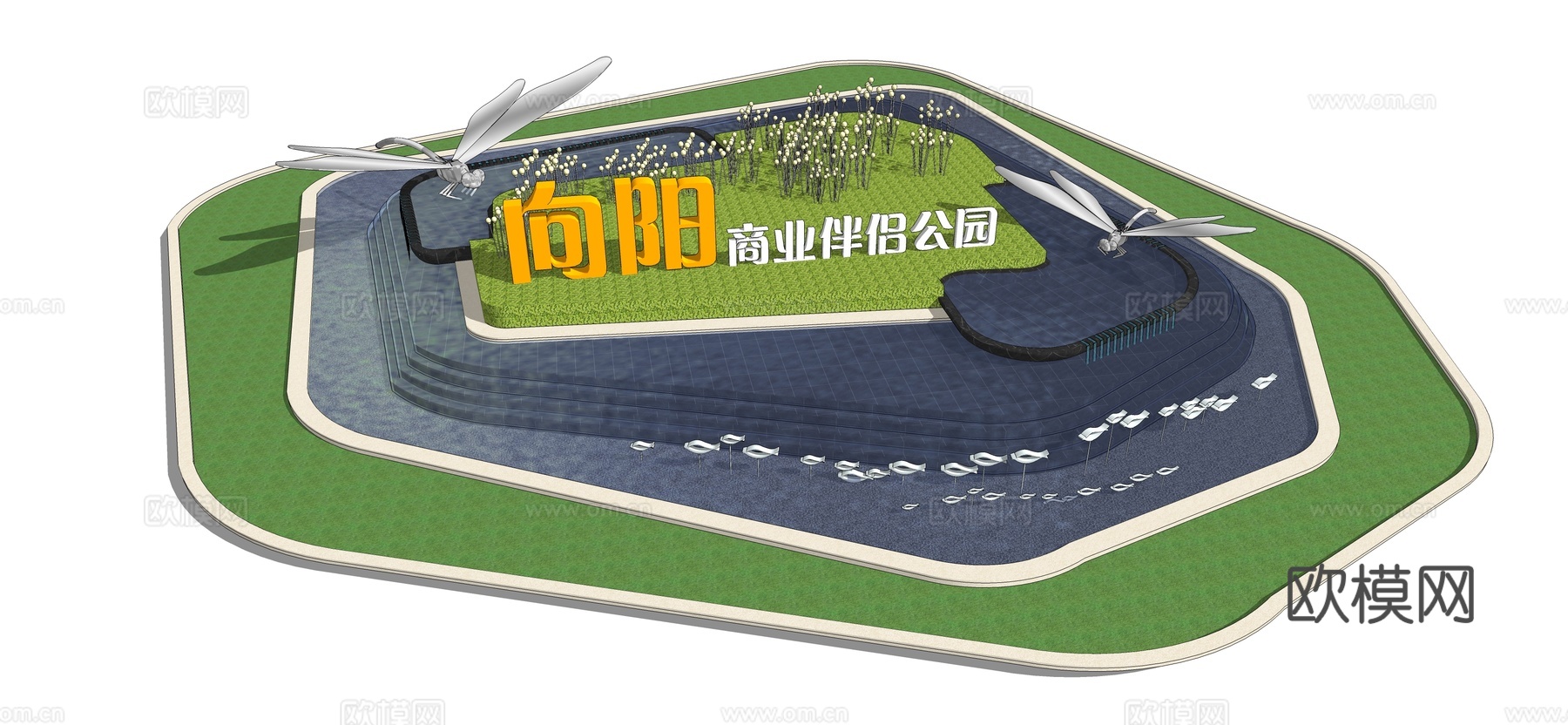 现代水池蜻蜓雕塑小品su模型下载