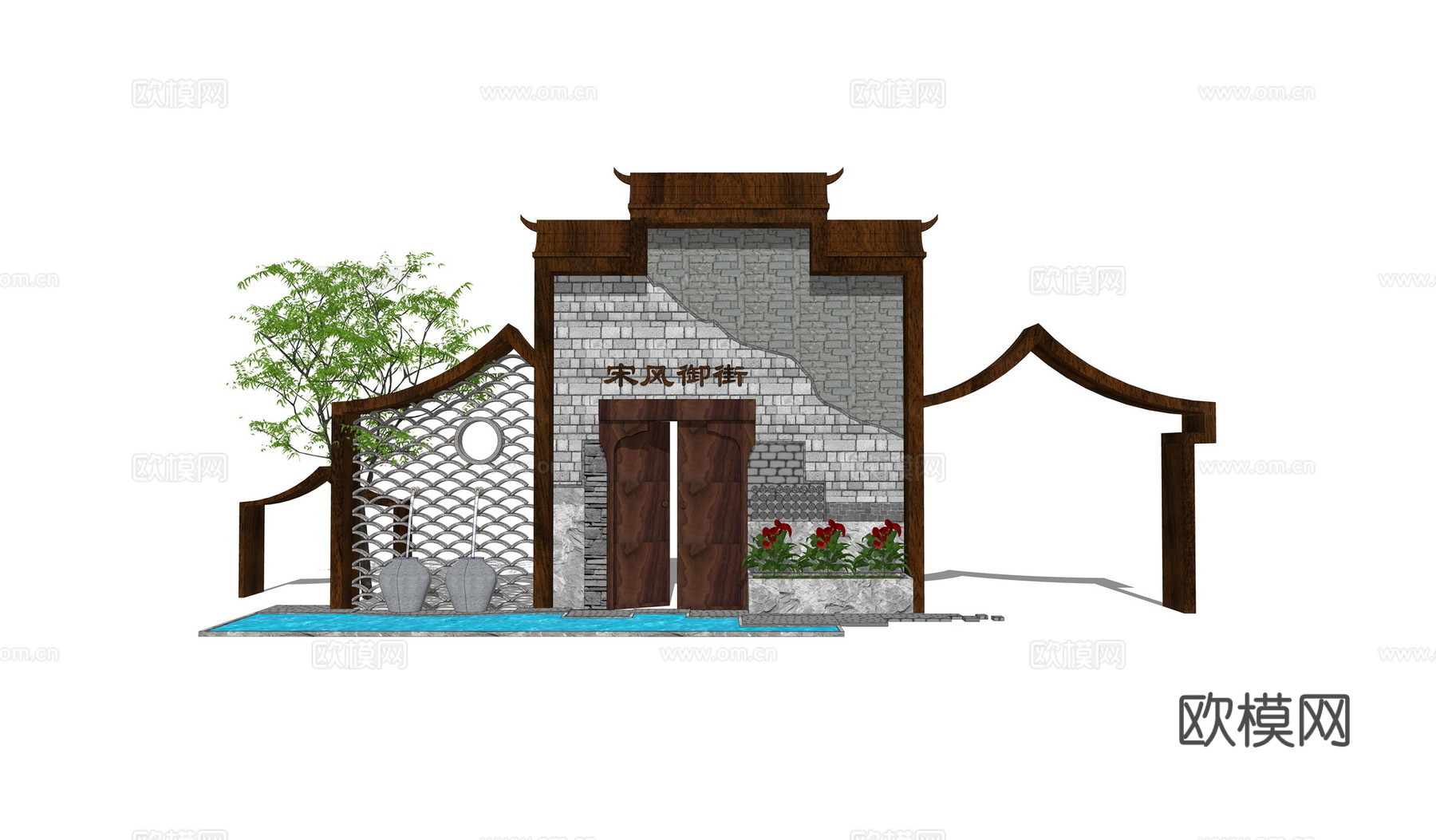 新中式庭院景墙su模型下载