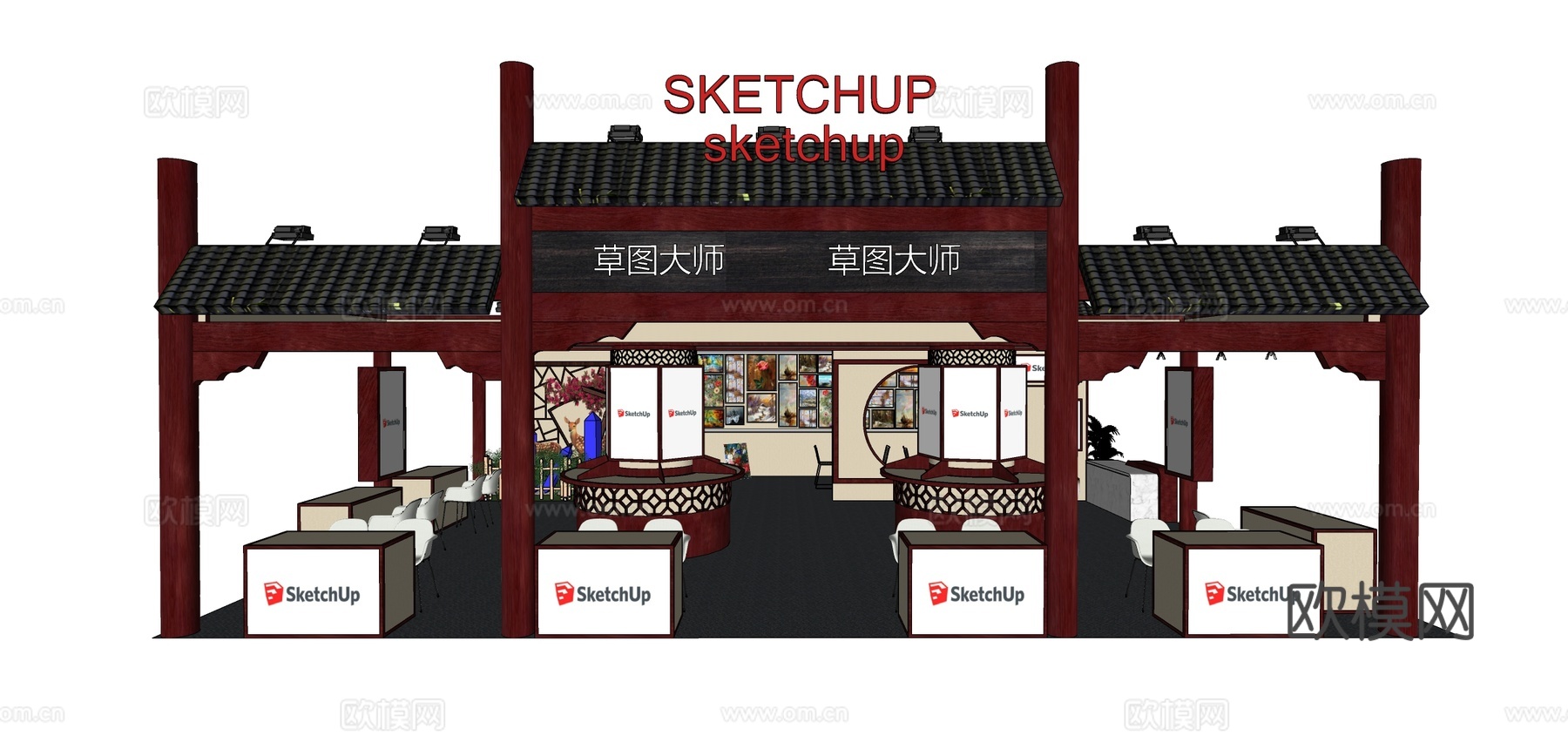 新中式展厅su模型下载