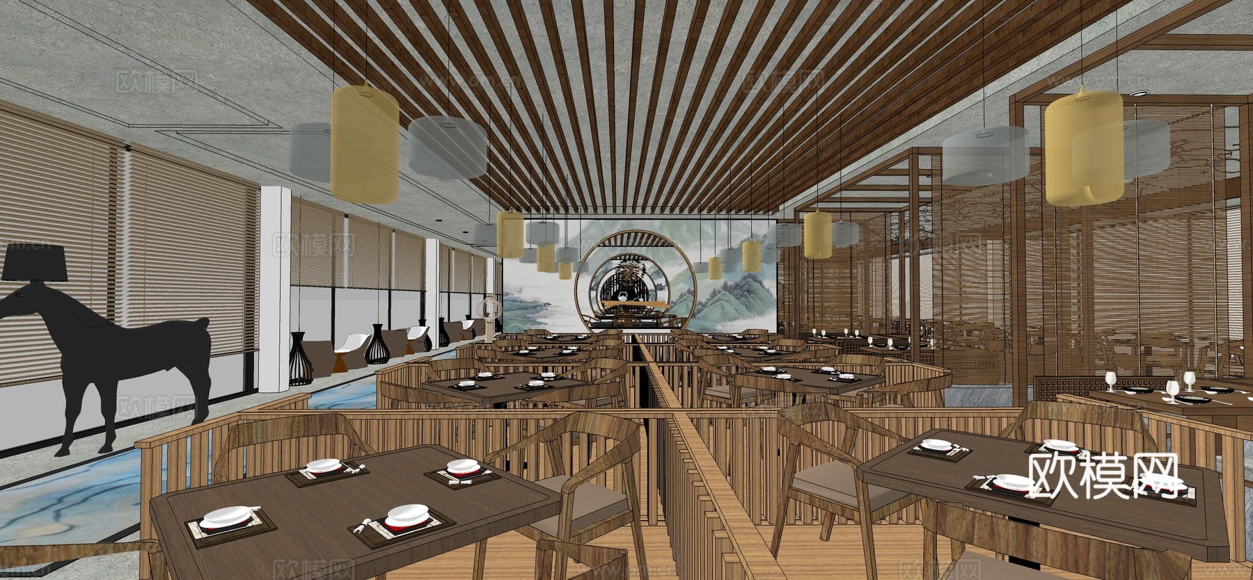 新中式山水禅意餐厅su模型下载