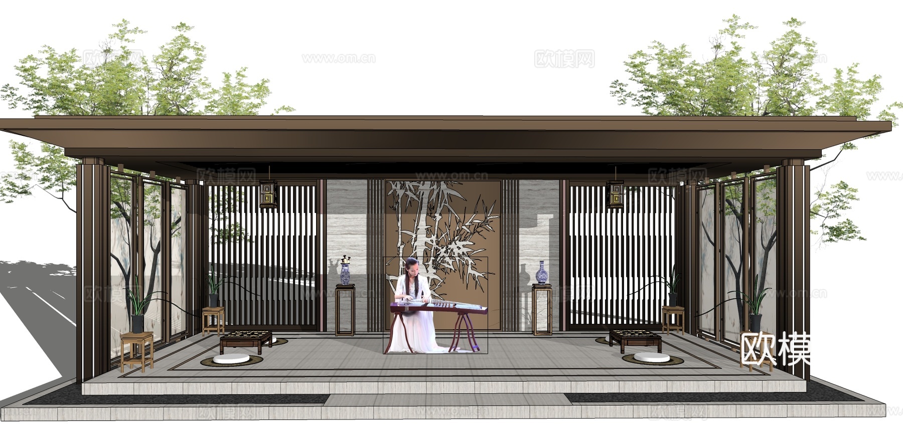 新中式廊架小品su模型下载