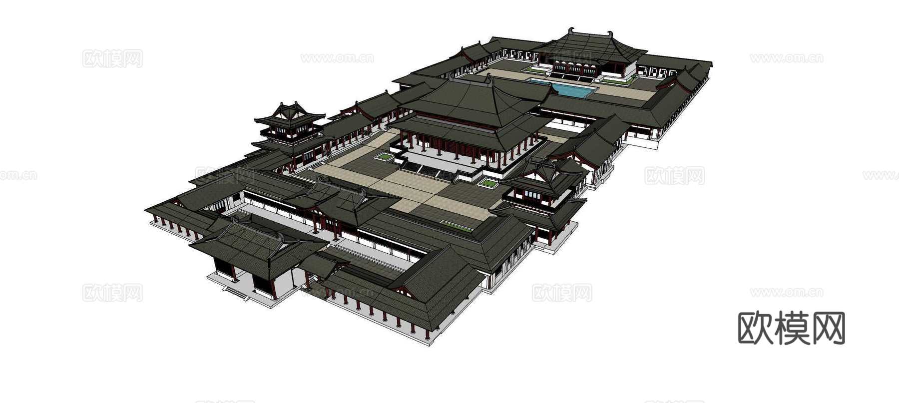 中式汉唐风古建寺庙su模型下载
