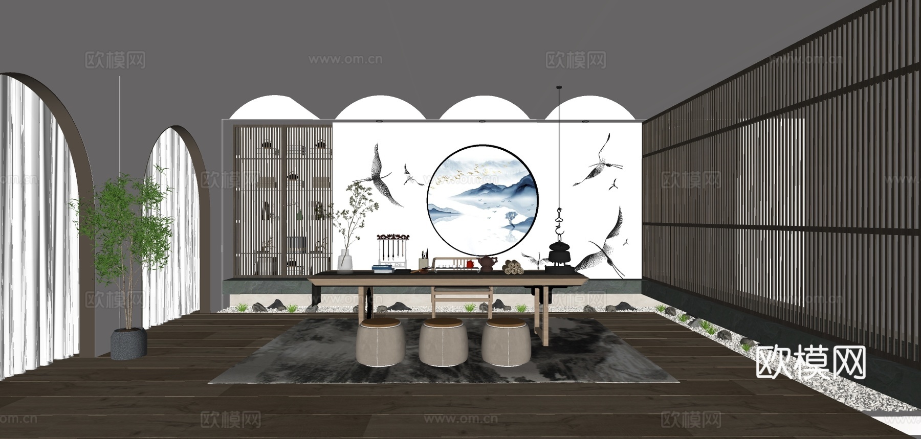 新中式实木茶桌椅su模型下载