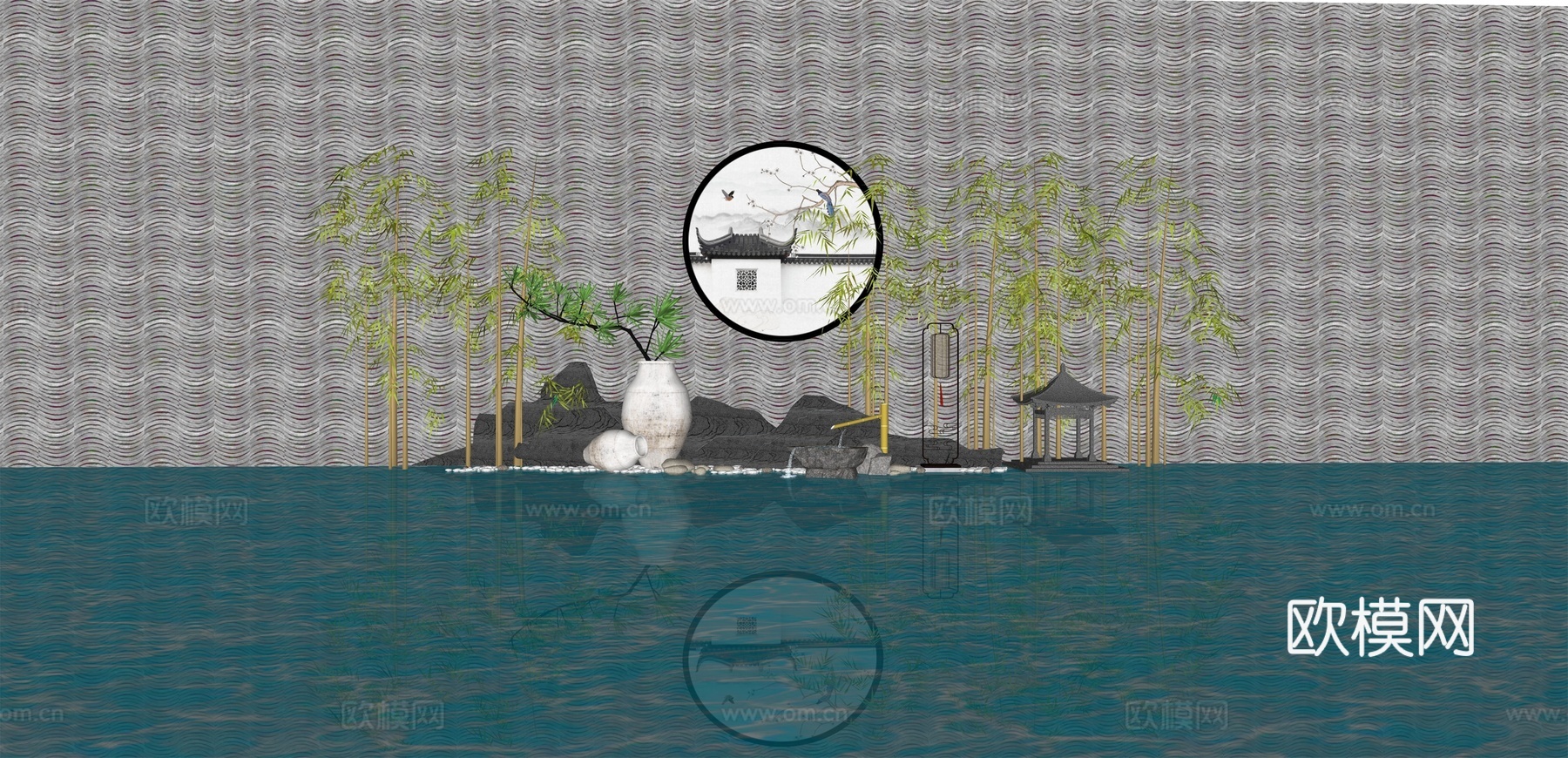 新中式庭院湖水假山小品su模型下载