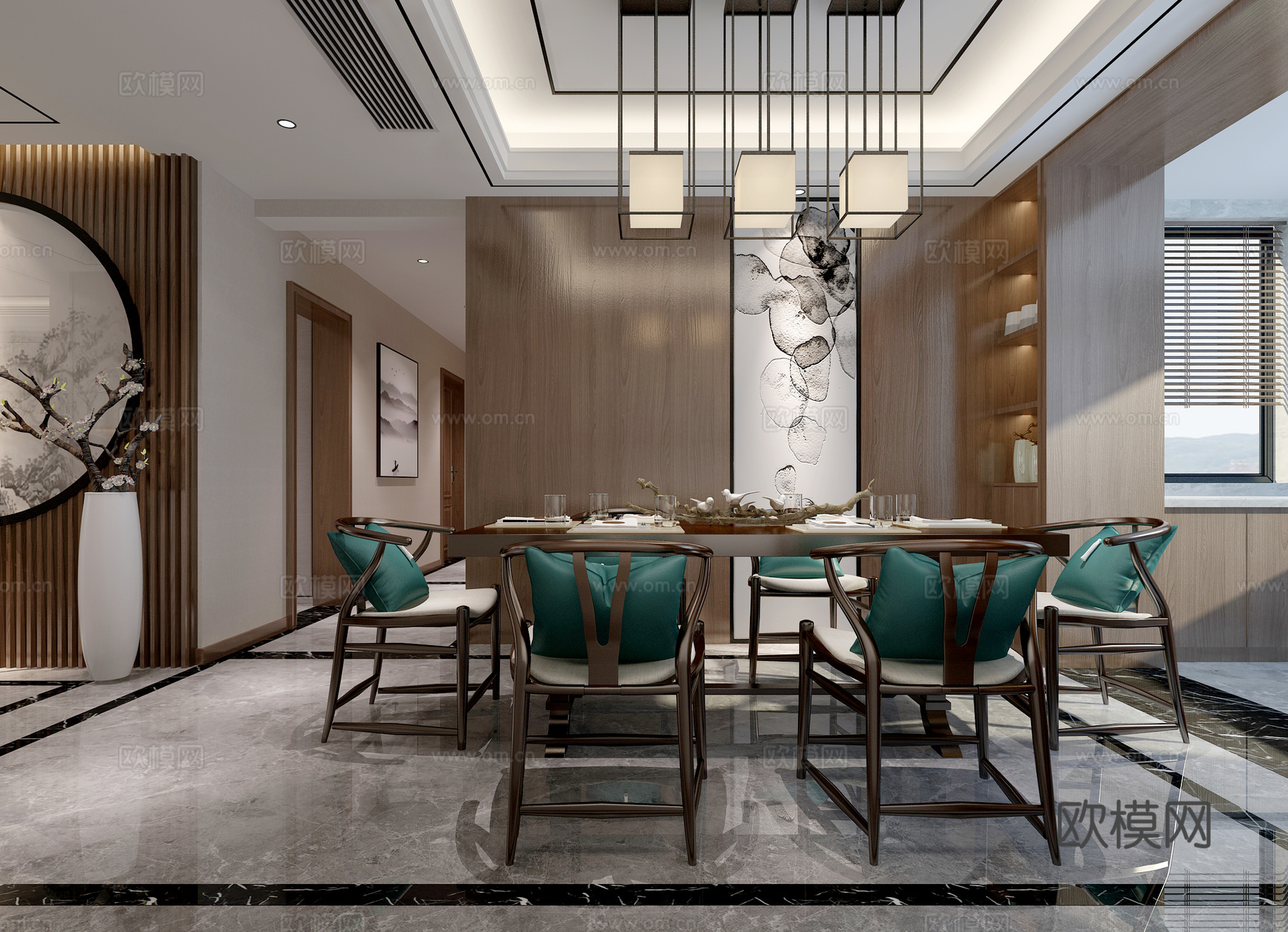 新中式餐厅 餐桌椅 吊灯挂画3d模型