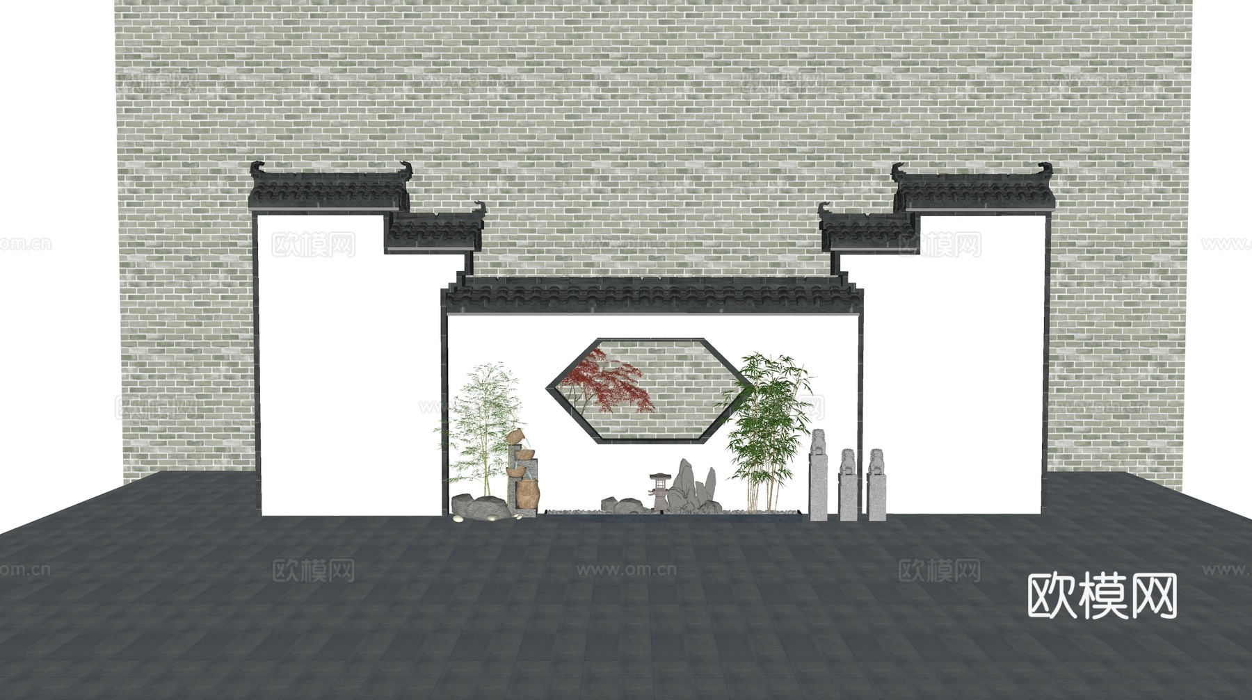 新中式马头墙景观小品su模型