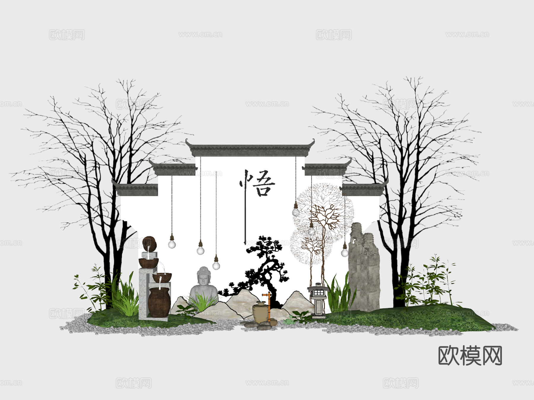 中式景墙雕塑小品su模型下载