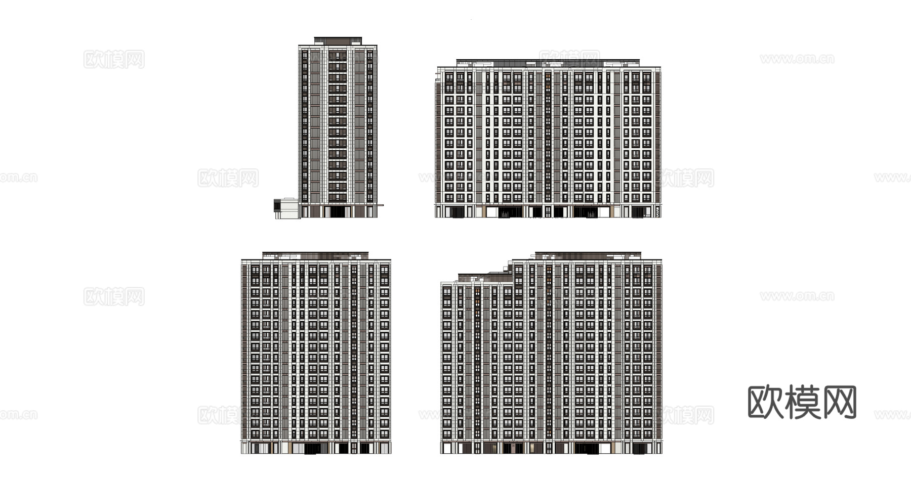现代高层住宅楼外观su模型下载