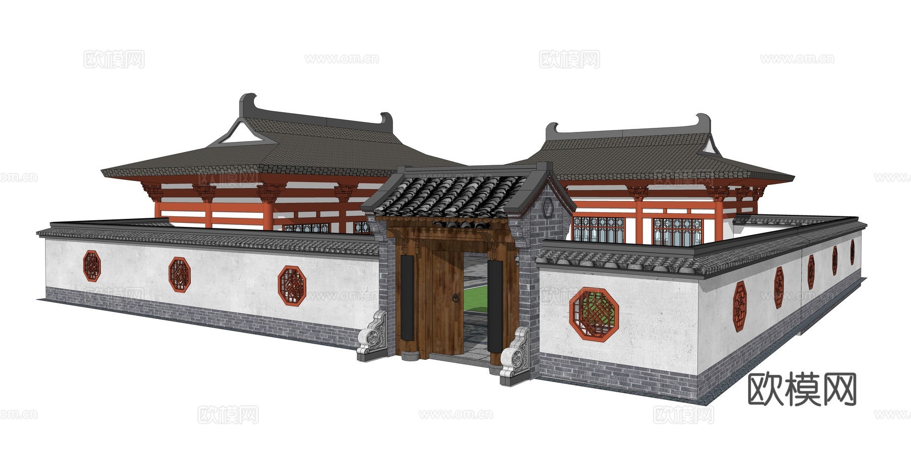 中式古建庭院外观su模型下载