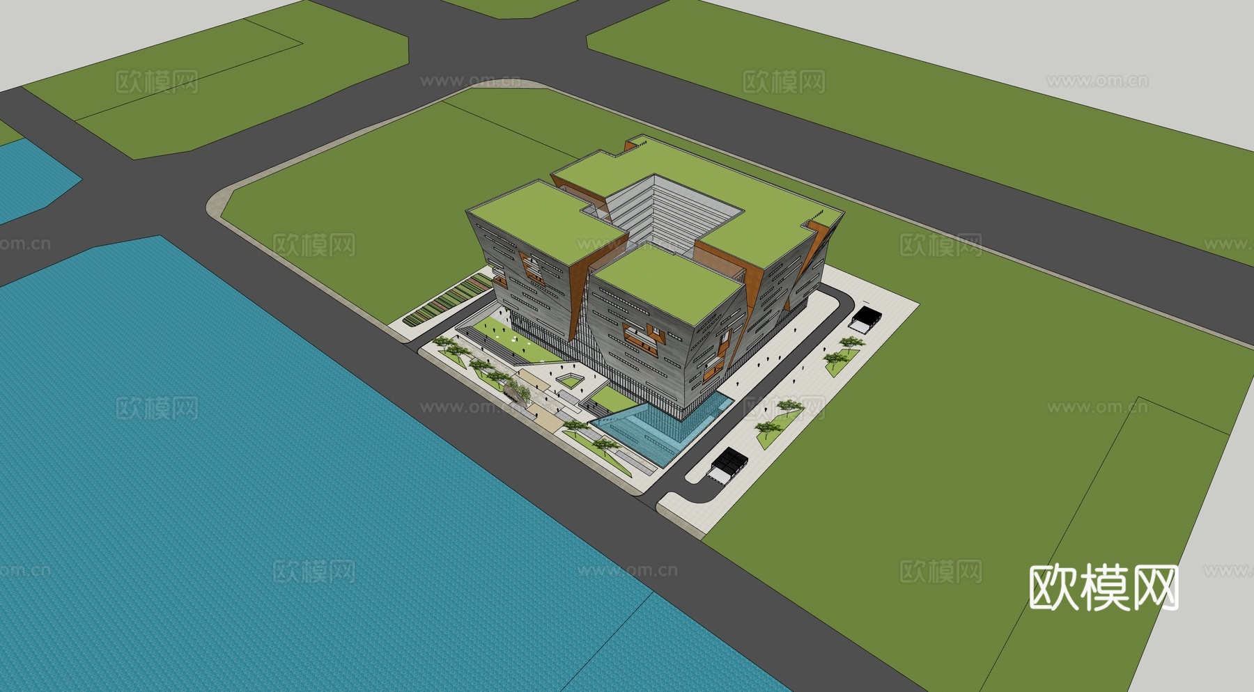 现代展览馆建筑外观su模型下载