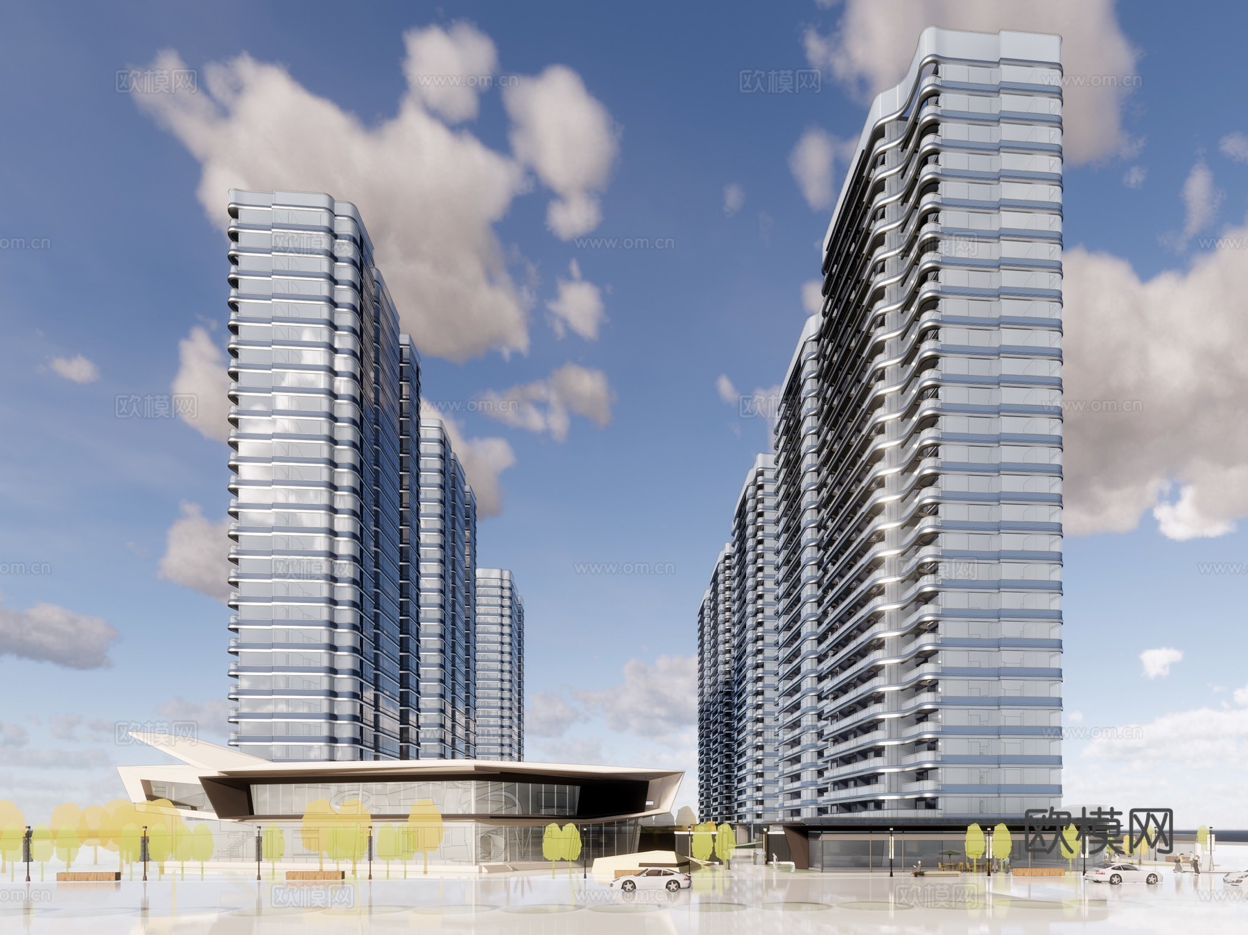 现代高层小区建筑外观su模型下载
