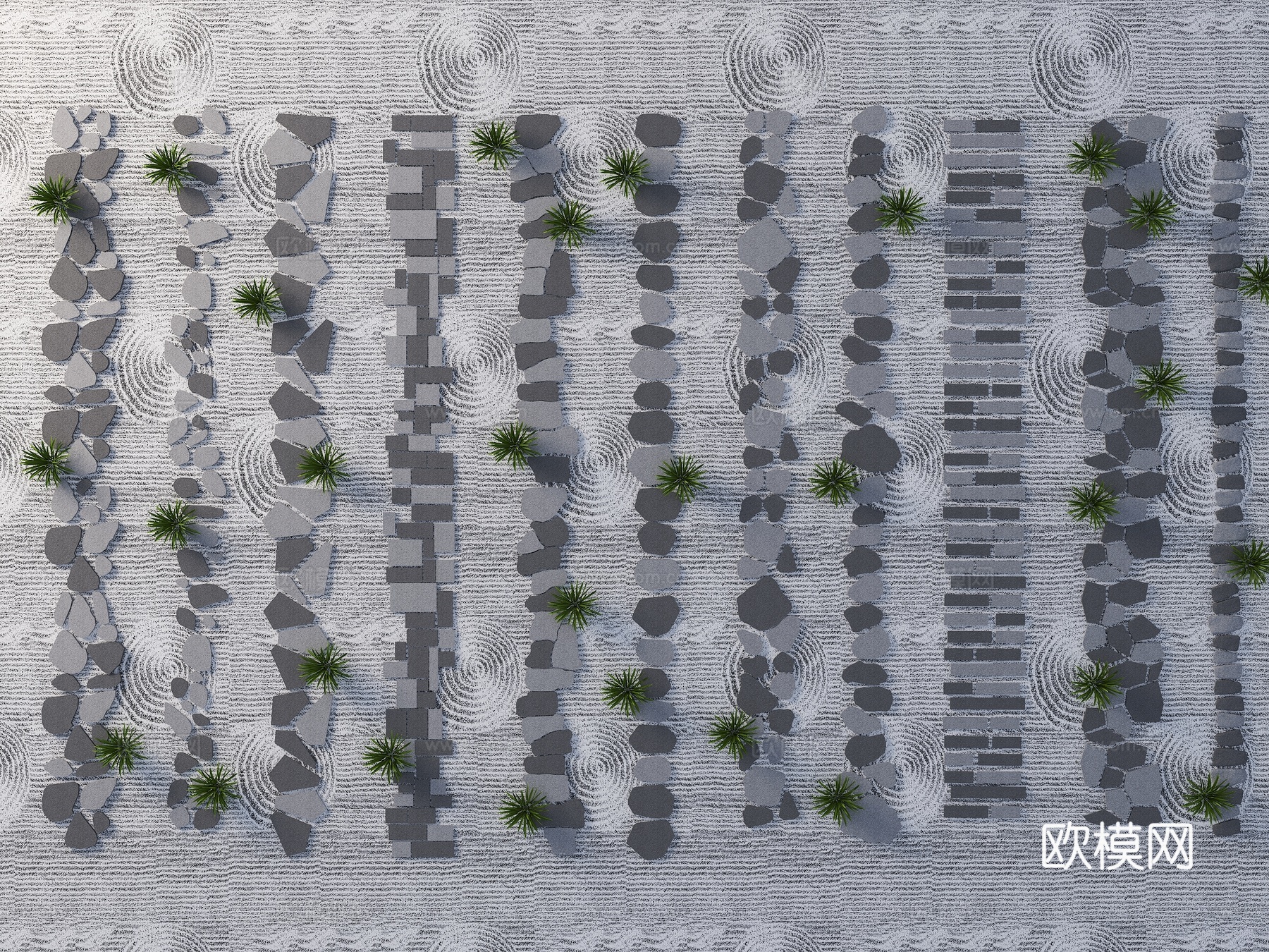 现代老石板 中式汀步 石板路 游步道 碎石块 景观园路 园林3d模型