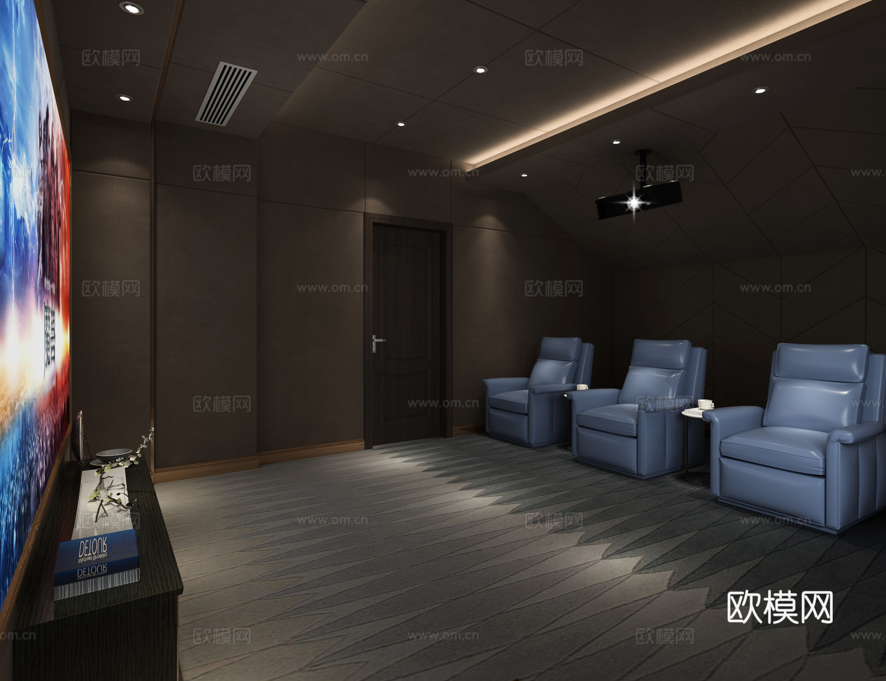 现代影音室真皮沙发 地毯3d模型