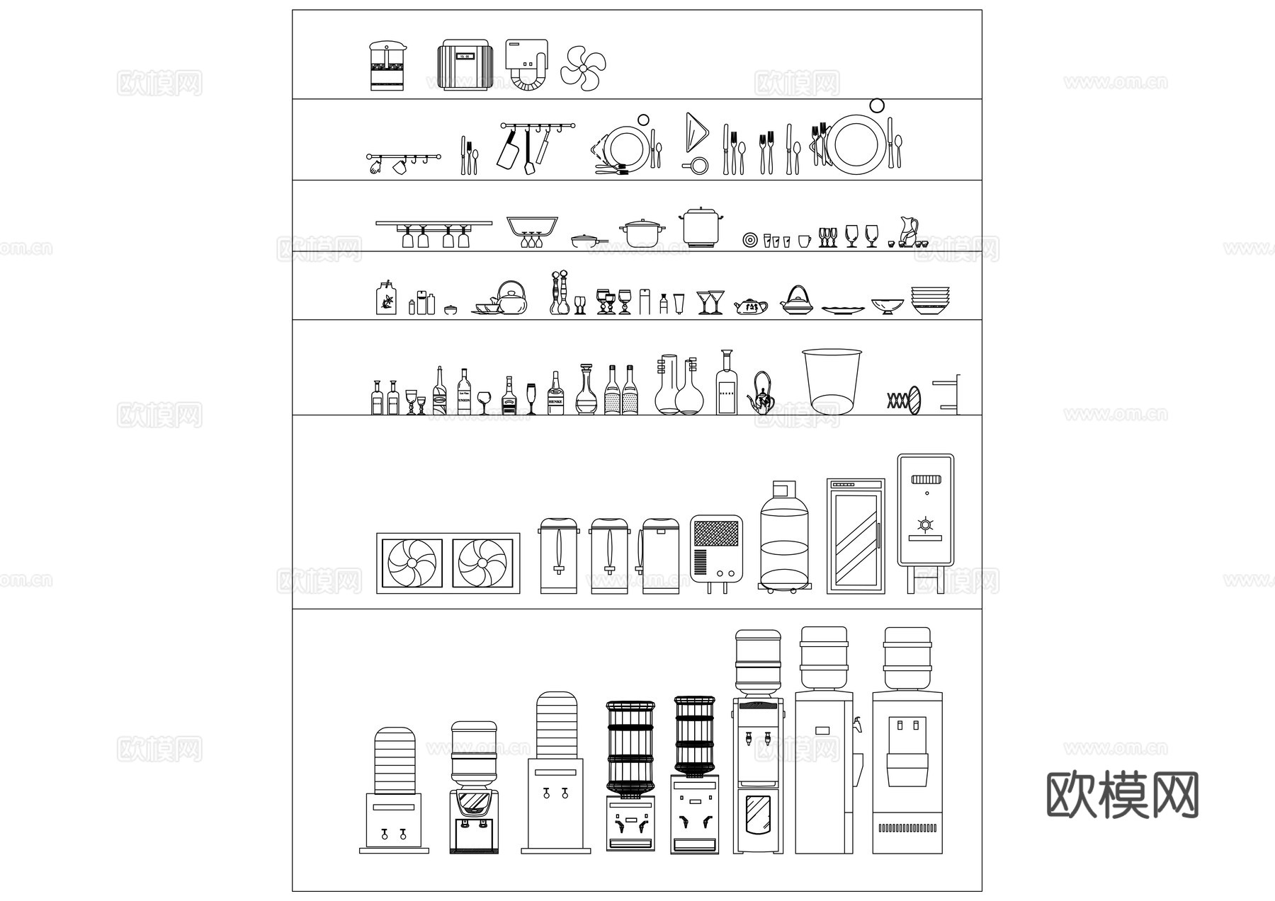 各种厨房用品 多样化厨房用具 厨房用品系列 不同类型的厨房器cad施工图