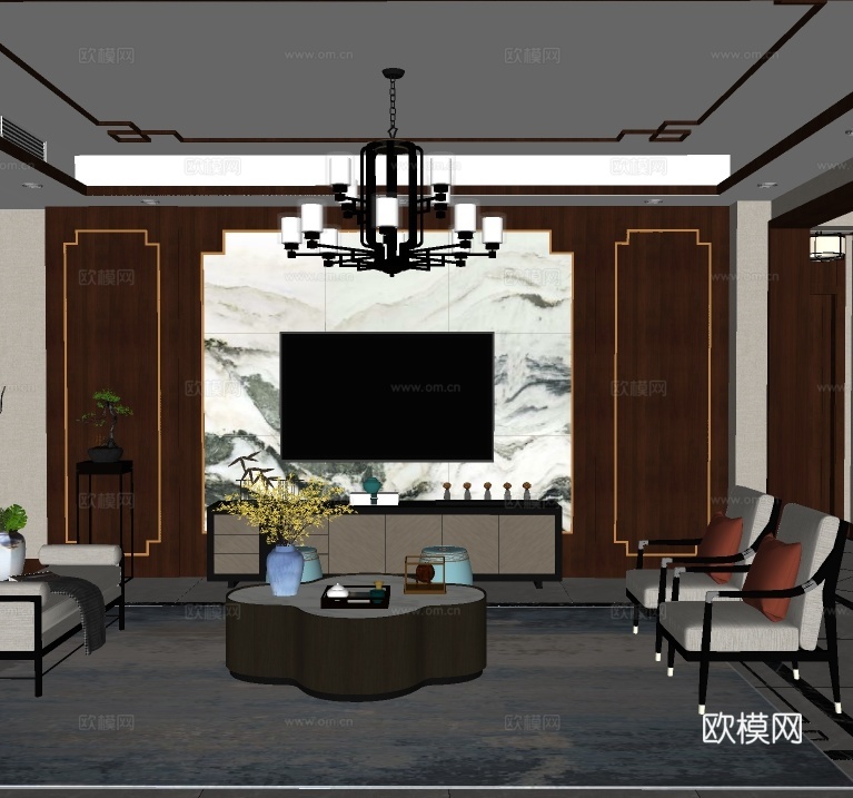 新中式客厅su模型下载