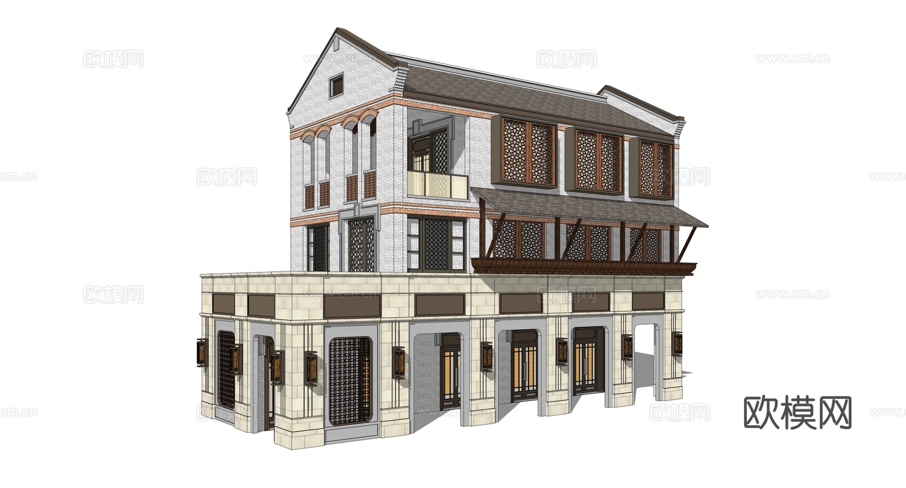新中式商业建筑外观su模型下载