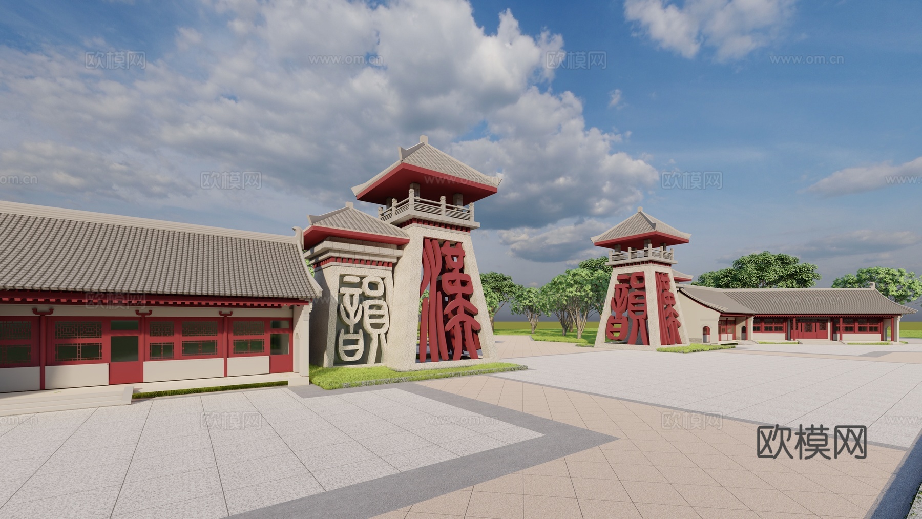 新中式湿地公园入口大门su模型下载