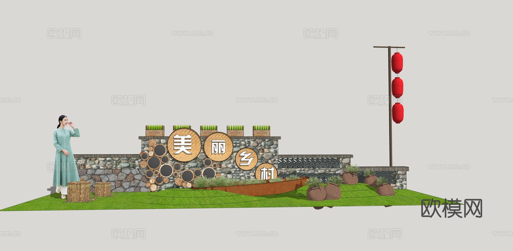 新中式乡村民俗文化景墙su模型下载