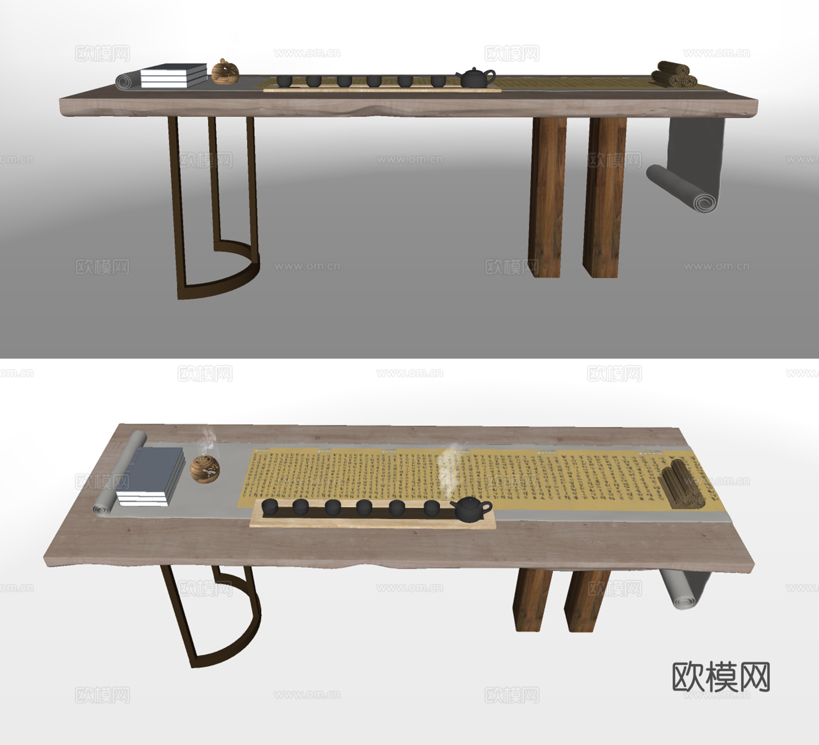 新中式条形茶桌椅su模型下载