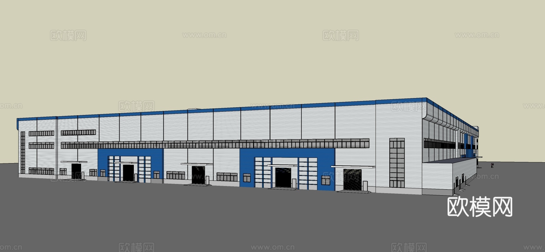 现代工厂车间建筑外观su模型下载