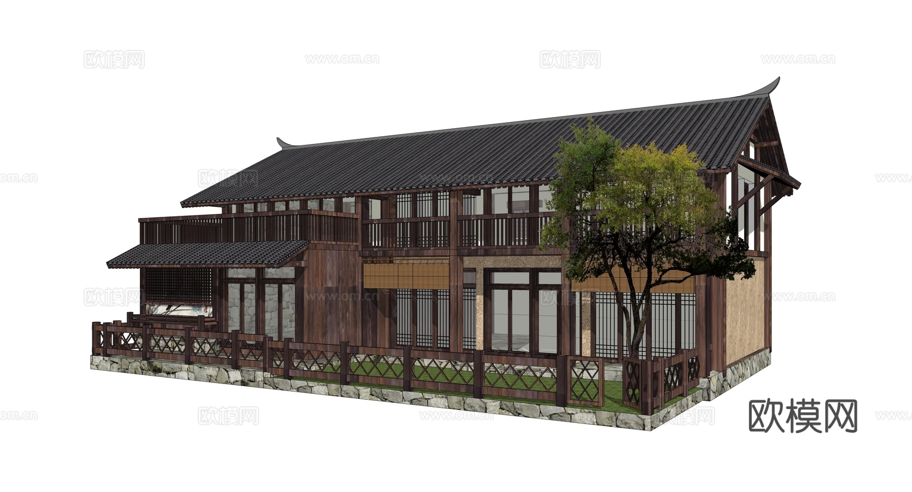 新中式古建民居外观su模型下载