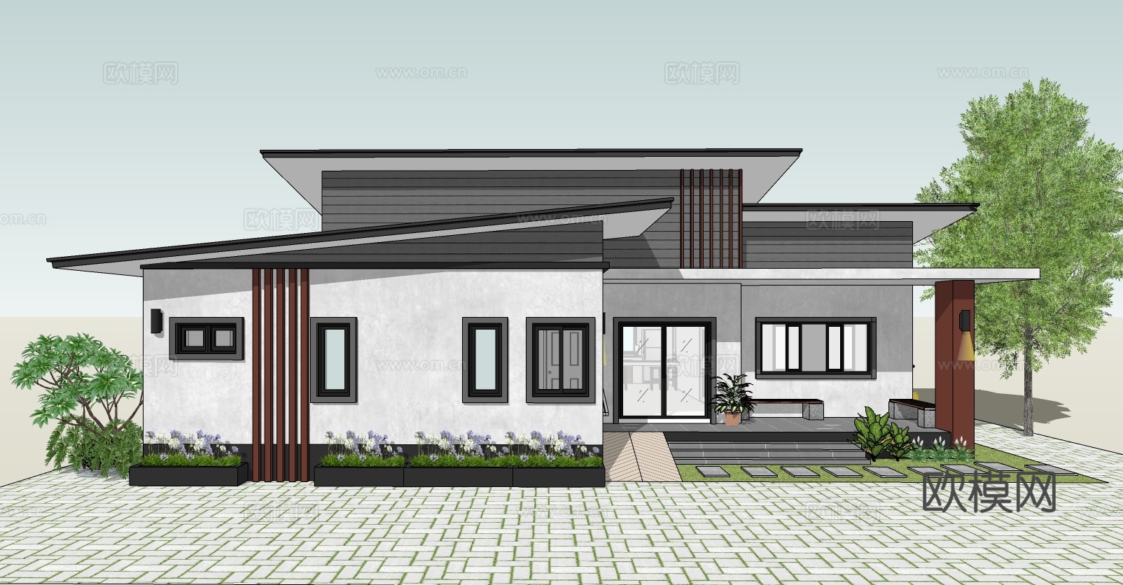 现代平层住宅外观su模型下载
