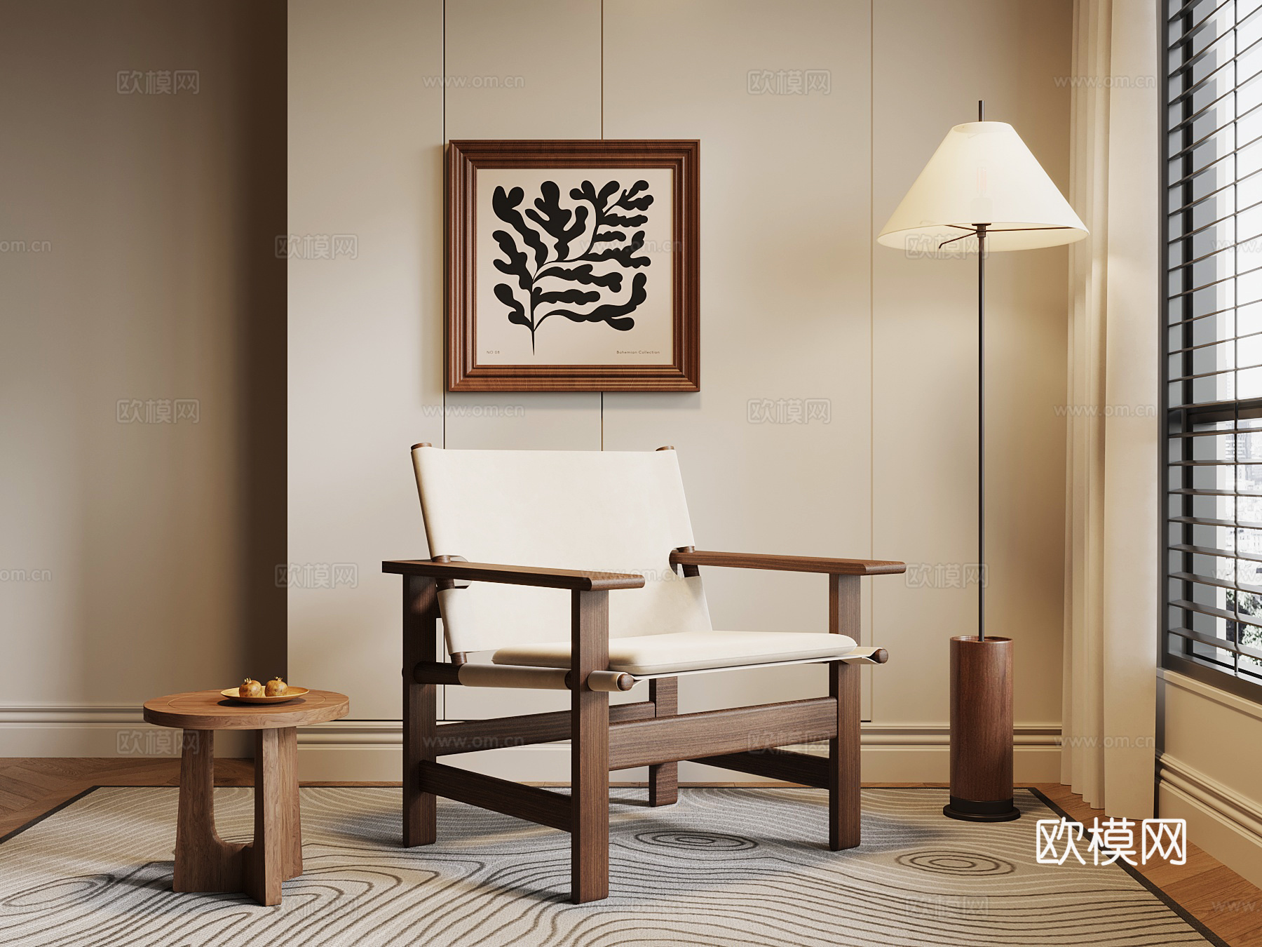 019休闲椅 中古风休闲椅 落地灯 画3d模型