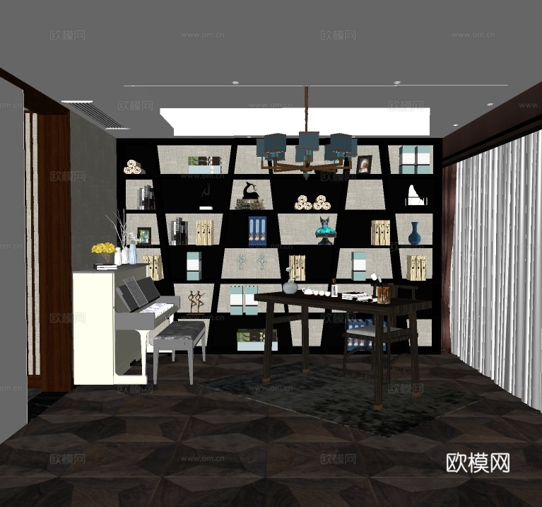 新中式书房su模型下载