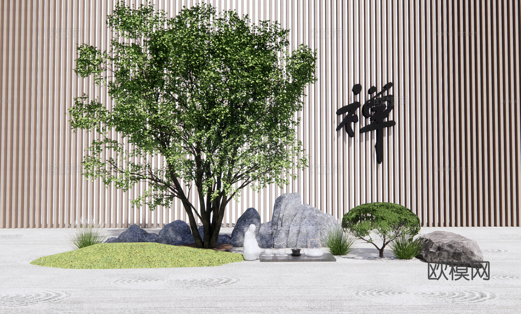 新中式庭院石头假山小品su模型下载