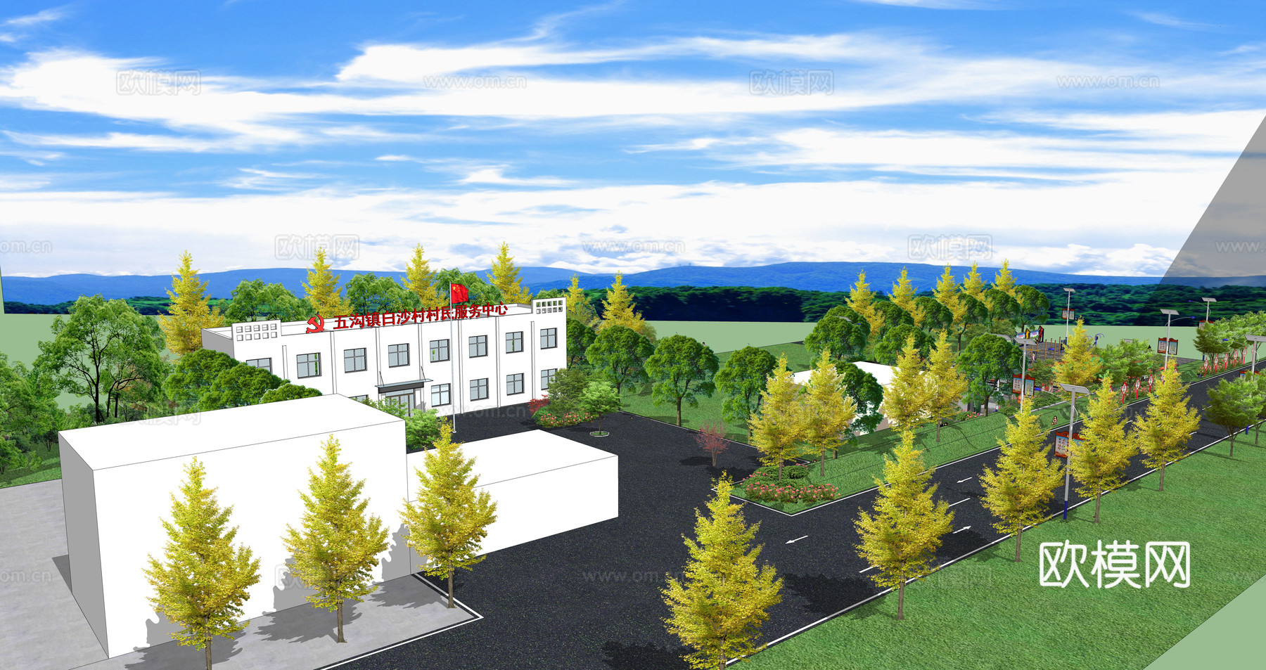 新中式乡村社区休闲广场su模型下载