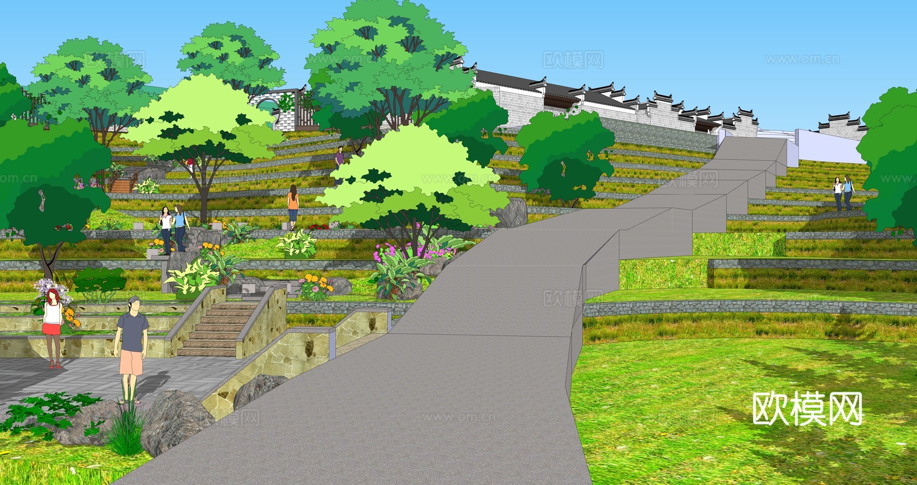 新中式乡村梯田景观su模型下载