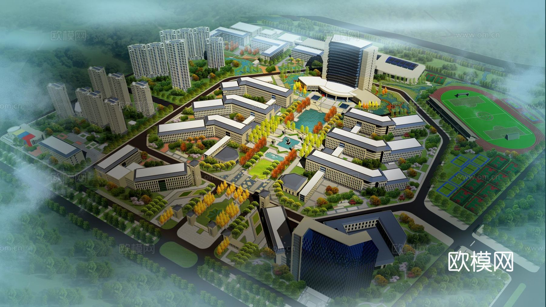 新中式学校大学校园su模型下载