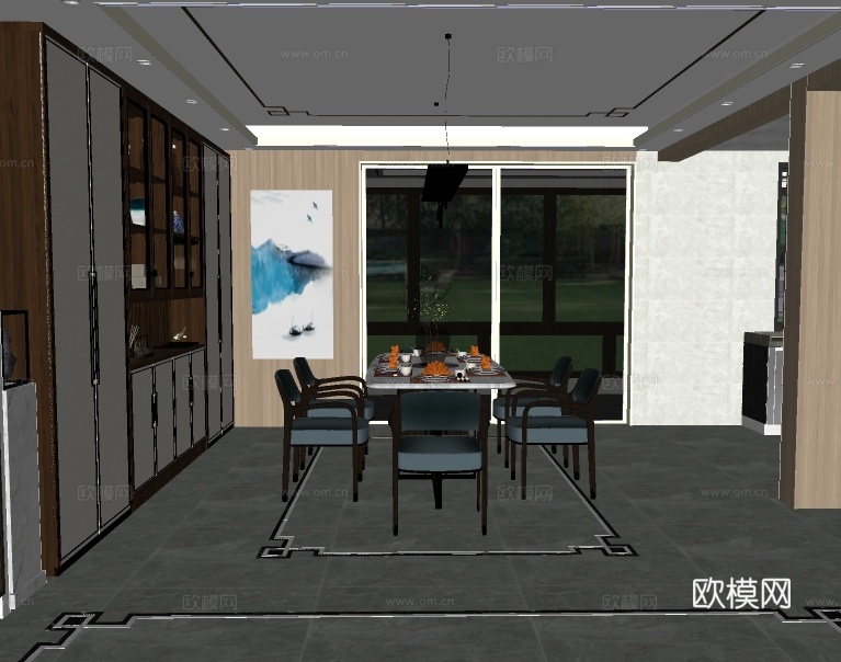 新中式餐厅su模型下载