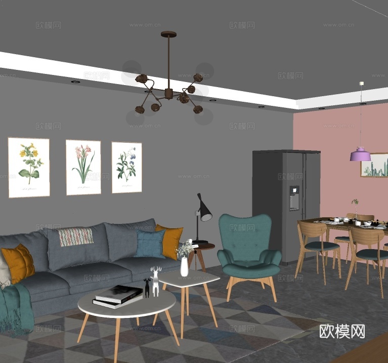 北欧客厅餐厅su模型下载