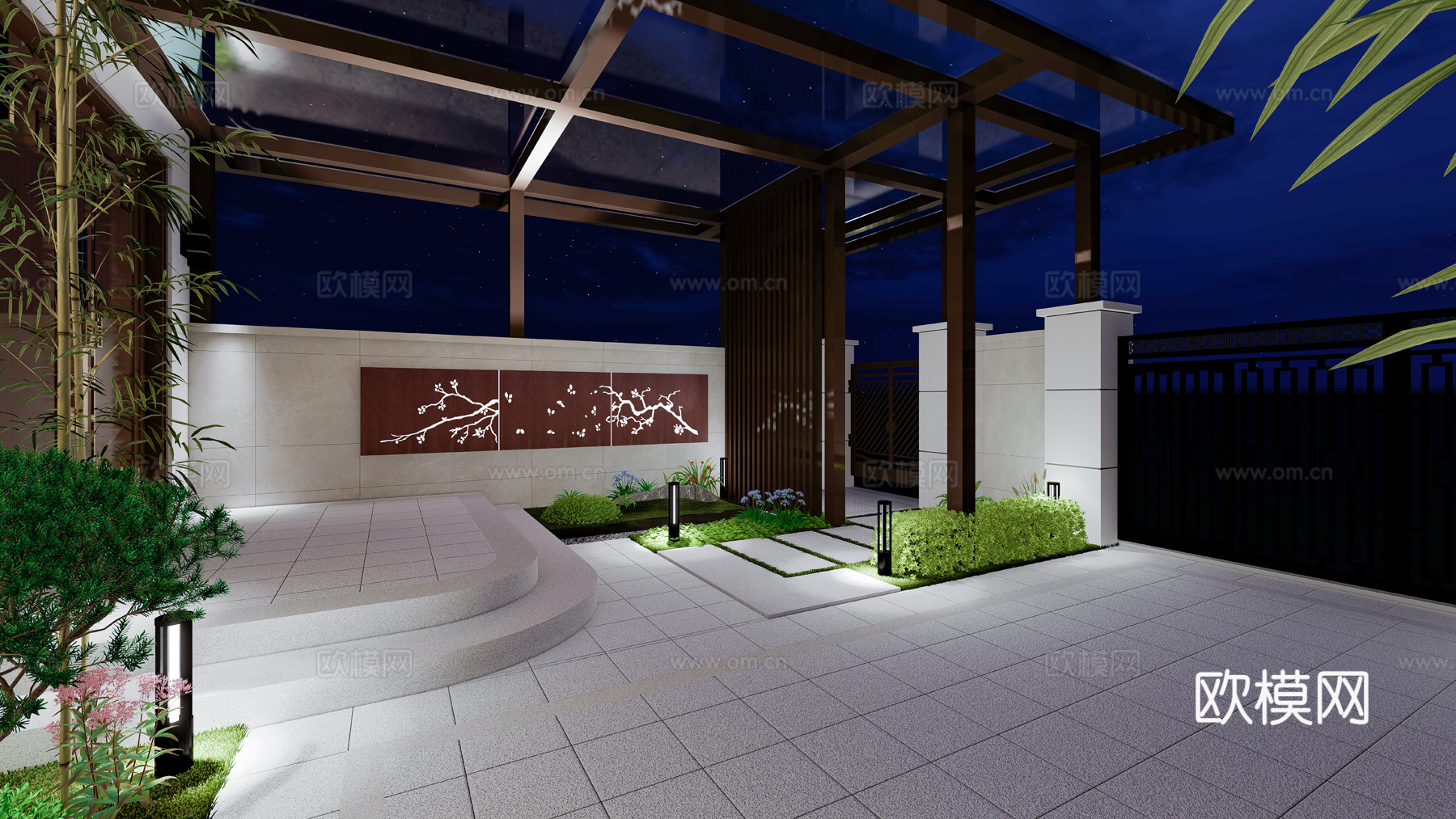 新中式入户庭院花园su模型下载