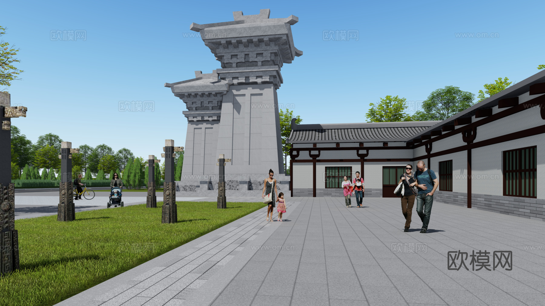 新中式休闲广场su模型下载