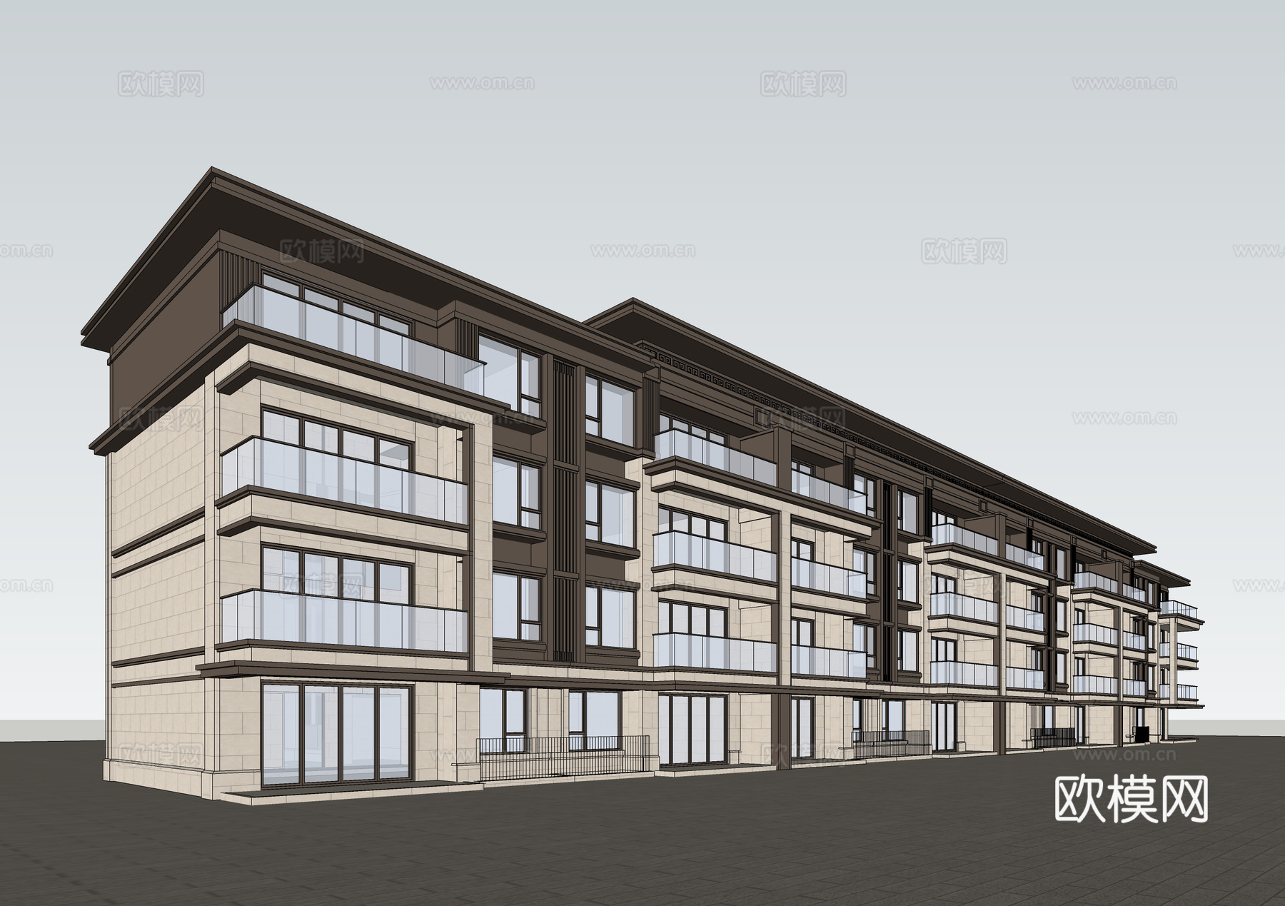 新中式住宅楼建筑外观su模型下载