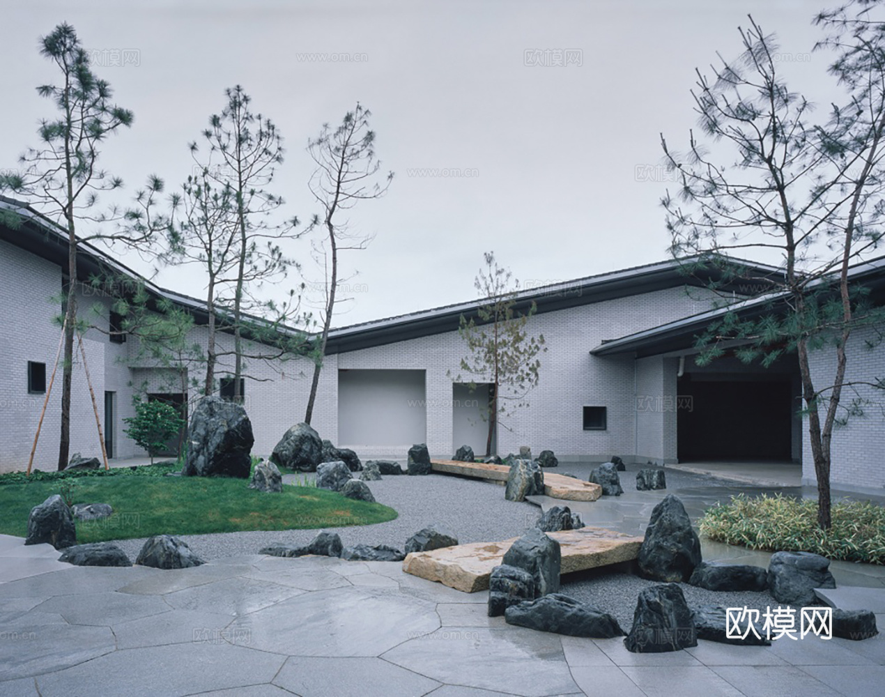 新中式博物馆建筑外观su模型下载