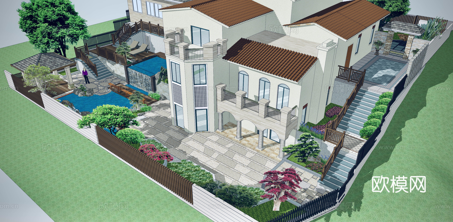 新中式庭院花园su模型下载